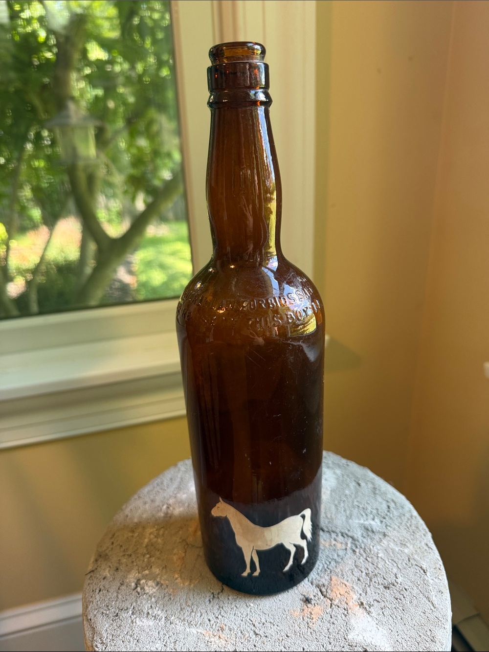 Brown Glass Bottle with White Horse Motif Amber Whiskey Antique Vintage